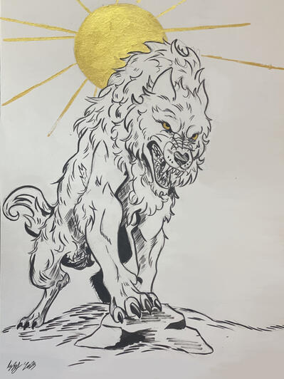Snarling Wolf with Gold Ink